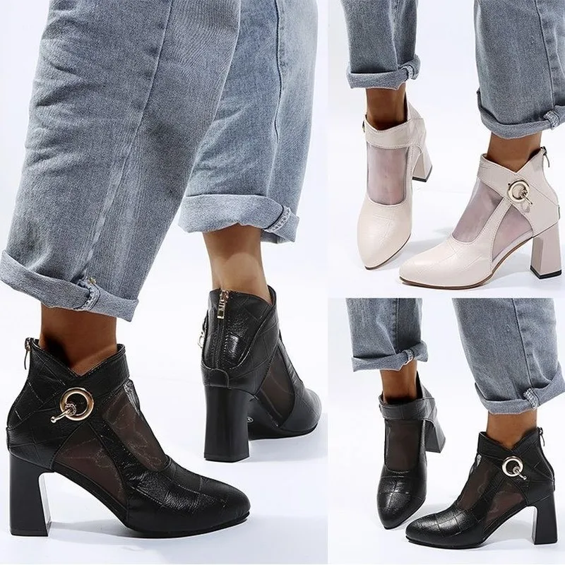 2021 New Ladies Boots Net Boots Square Toe High Heel Zipper Boots Ladies Sexy Black Lace Square Heel Ankle Boots 35-43