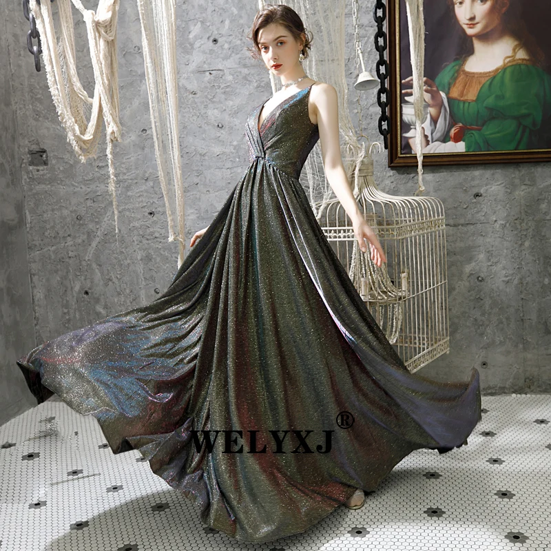 Блестящее вечернее платье длинное сексуальное с v-образным вырезом плечевой