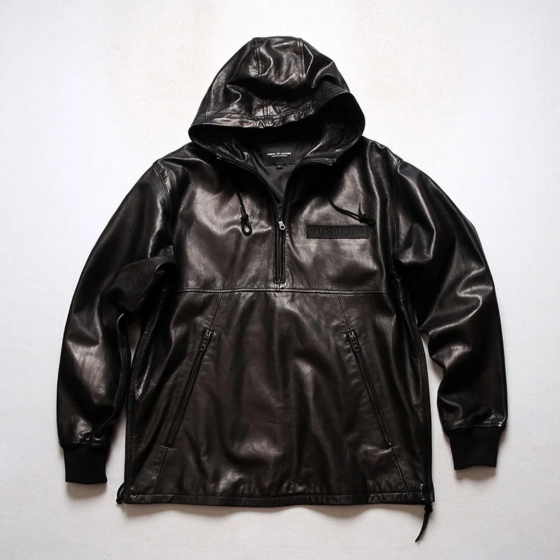 

US 2021 army genuine leather hoodies men women hip hop loose style sheepskin sweatshirts hat causal leather jacket male white