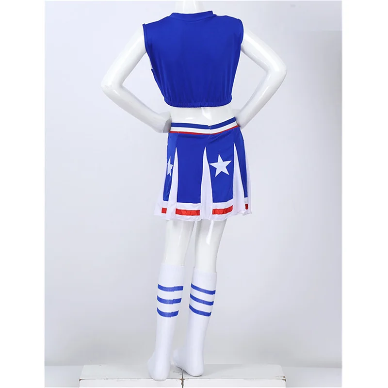 

Kids Girls Cheerleading Uniforms Cheerleader Cosplay Costume Outfit Sleeveless Stars Printed Crop Top with Mini Skirt Socks Set