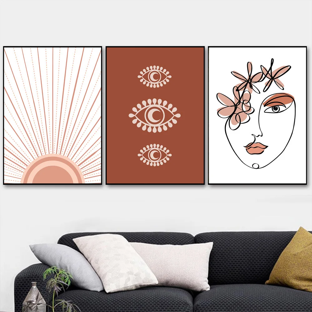 

Bohemian Geometric Abstract Decorative Painting Lines Girl Face Paints Plant Flower Art Decor Poster Living Room Home Wall Photo