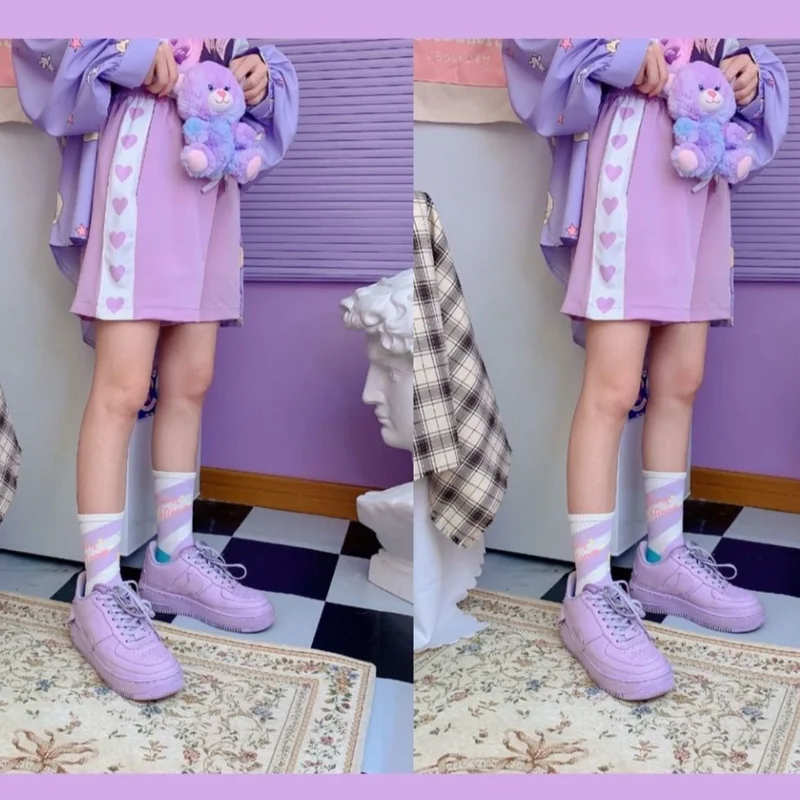 

Kawaii Drawstring Women Shorts Patchwork Purple Fresh Students Summer New Leisure Fashion All-match Girls Korean Style Chic Ins