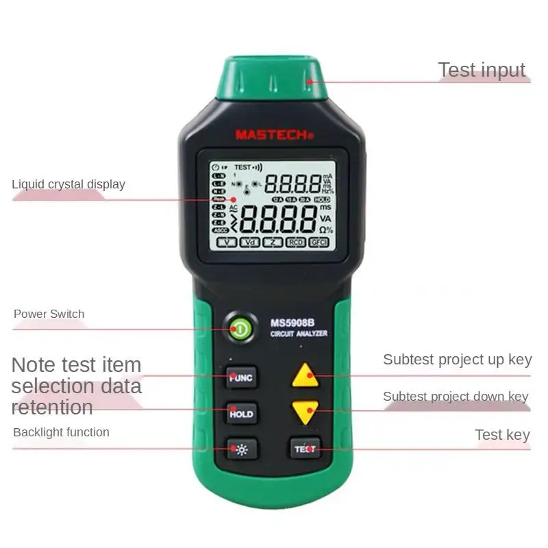 

AC100-240VMS5908A/MS5908 LCD Circuit Analyzer Tester With Voltage GFCI RCD Tester Socket Tester