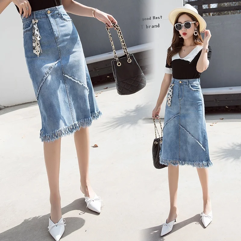 

2021 Summer Fashion Mid-Calf Female Denim Skirt New Women High Waist Korean Version Stylish Raw Edge Slim Jean Skirts Patchwork