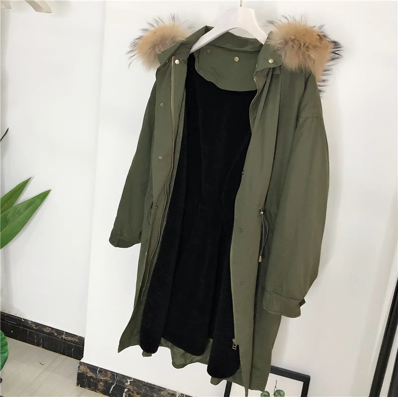 

Army Green Fur Faction Overcomes Medium Long Style Lady Dress Lamb Fur Lining Removable Raccoon Fur Collar Waist Coat