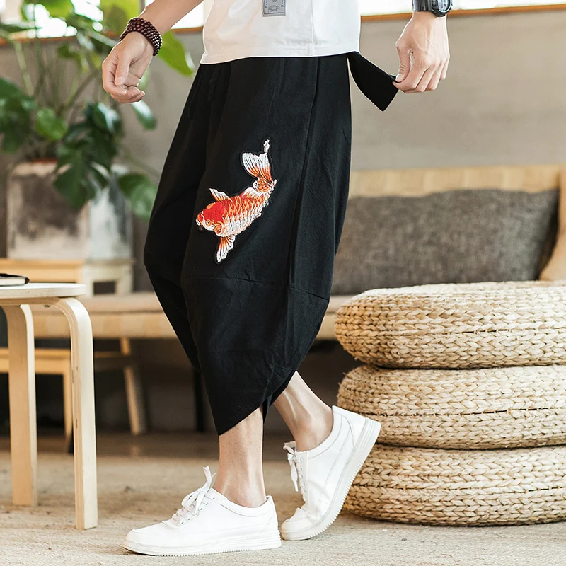 Pantalones de chándal con bordado de carpa para hombre, pantalón de estilo japonés de algodón, Harajuku, Harem, informal, para jóvenes, 2022