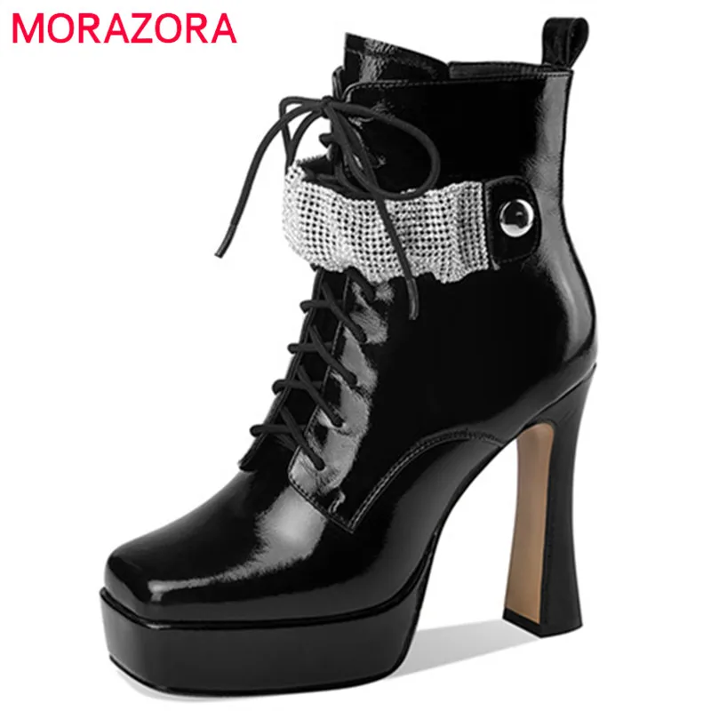 

MORAZORA 2022 Top Quality Patent Leather Ankle Boots For Women Sexy Thin High Heels Platform Shoes Cross Tied Party Shoes Lady