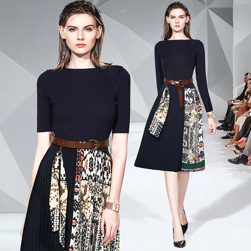 Женское трикотажное платье с поясом элегантное плиссированное в стиле ретро