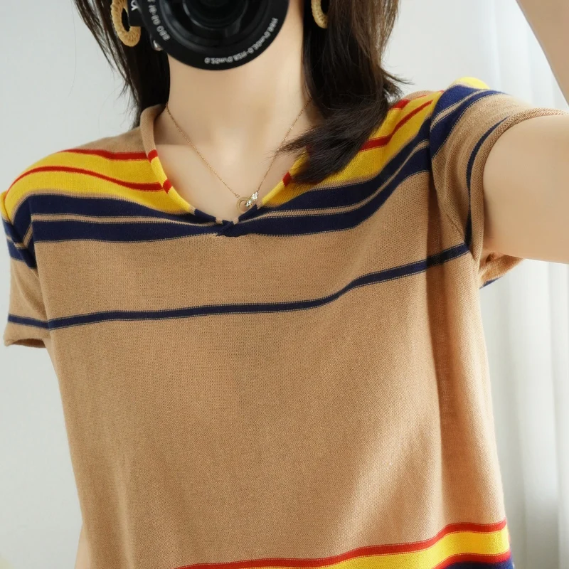 

Thin cotton and linen knitted short-sleeved women's summer 2021 V-neck striped loose and thin bottoming T-shirt pullover top