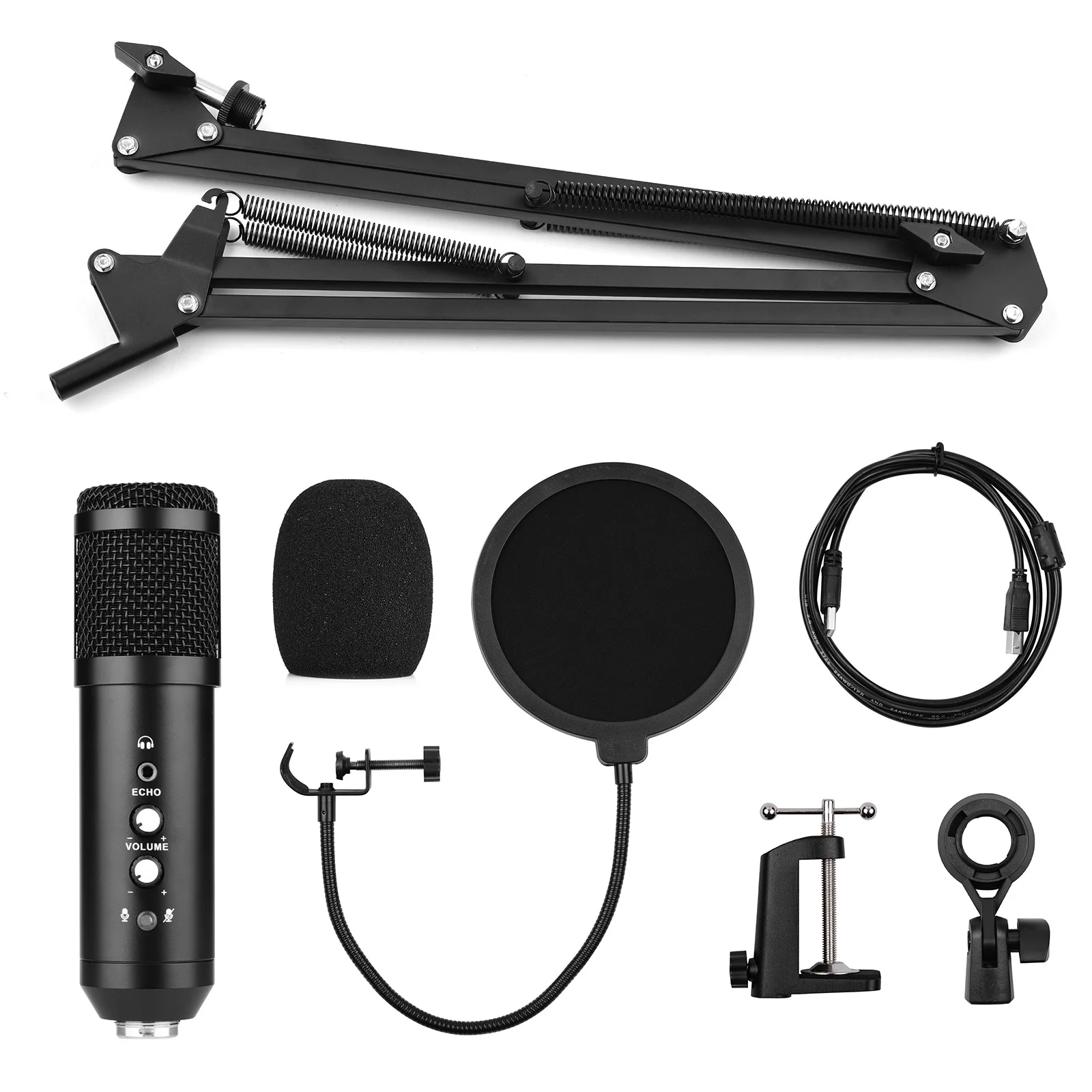Studio Recording USB Condenser Microphone Mic Kit with Adjustable Suspension Scissor Arm Stand Pop Filter Windscreen Cable | Спорт и