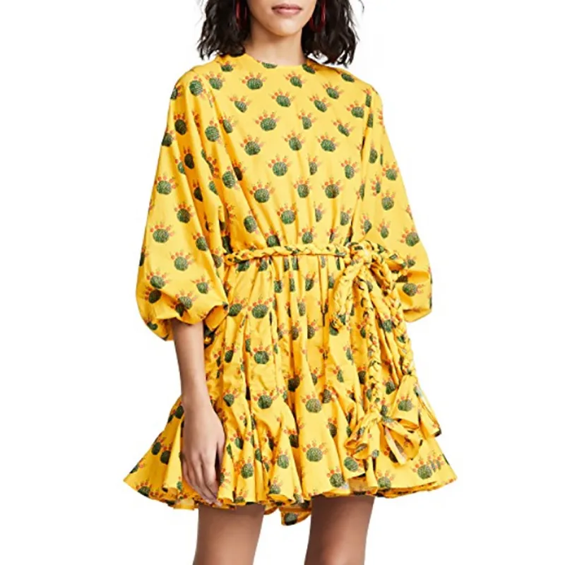 

TWOTWINSTYLE Hit Color Print Female Dresses Lantern Sleeve O Neck Bandage Pleated Dress For Women Casual Fashion 2020 Spring
