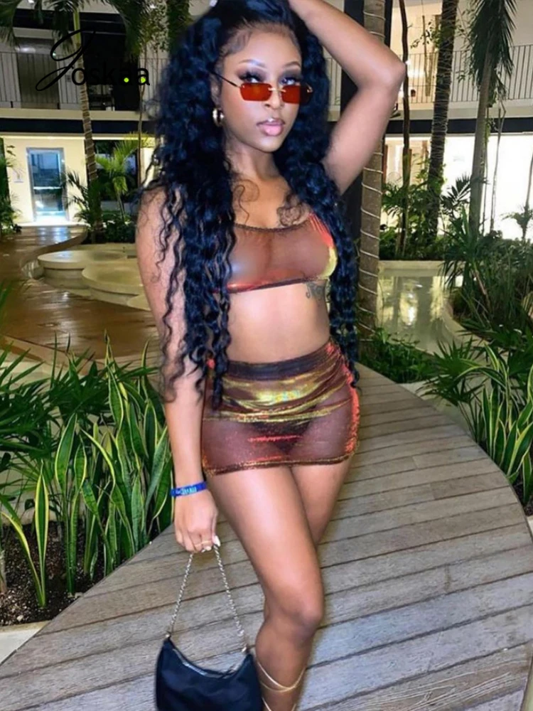 

Joskaa Brown Mesh Designer 2 Pieces Set Summer Sleeveless Crop Top Skirt Tracksuit OL Workout Sexy Elegant Clubwear 2021 Clothes