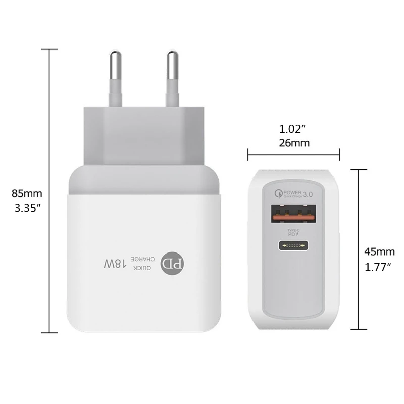 

18W Quick Charger 3.0 USB Type-C Charger For Mobile Phone QC 3.0 Fast Charging US EU UK Plug Adapter