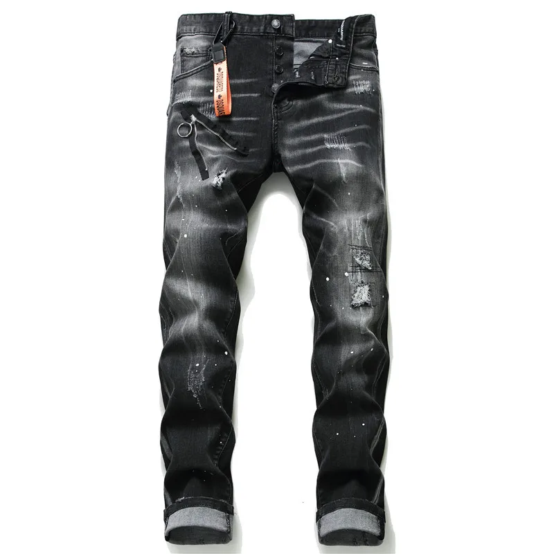 

CNUUIKOOEK Men's New Style Black Paint Splattered Slim Fit Hole Patch Elasticity Jeans Tight Trousers