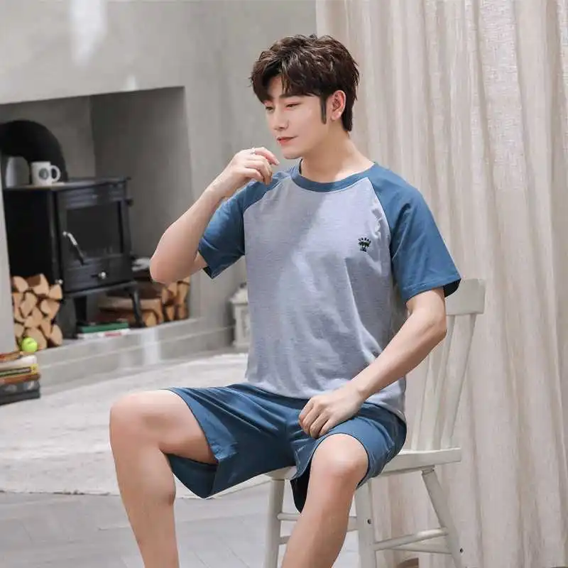 

2021 Summer Short Sleeve Cotton Pajama Sets for Men Korean Sleepwear Suit Pyjama Male Lounge Homewear Pijama Hombre Home Clothes