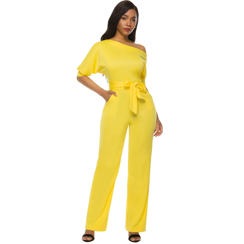 Женский комбинезон на одно плечо с поясом и карманами офисная одежда модные