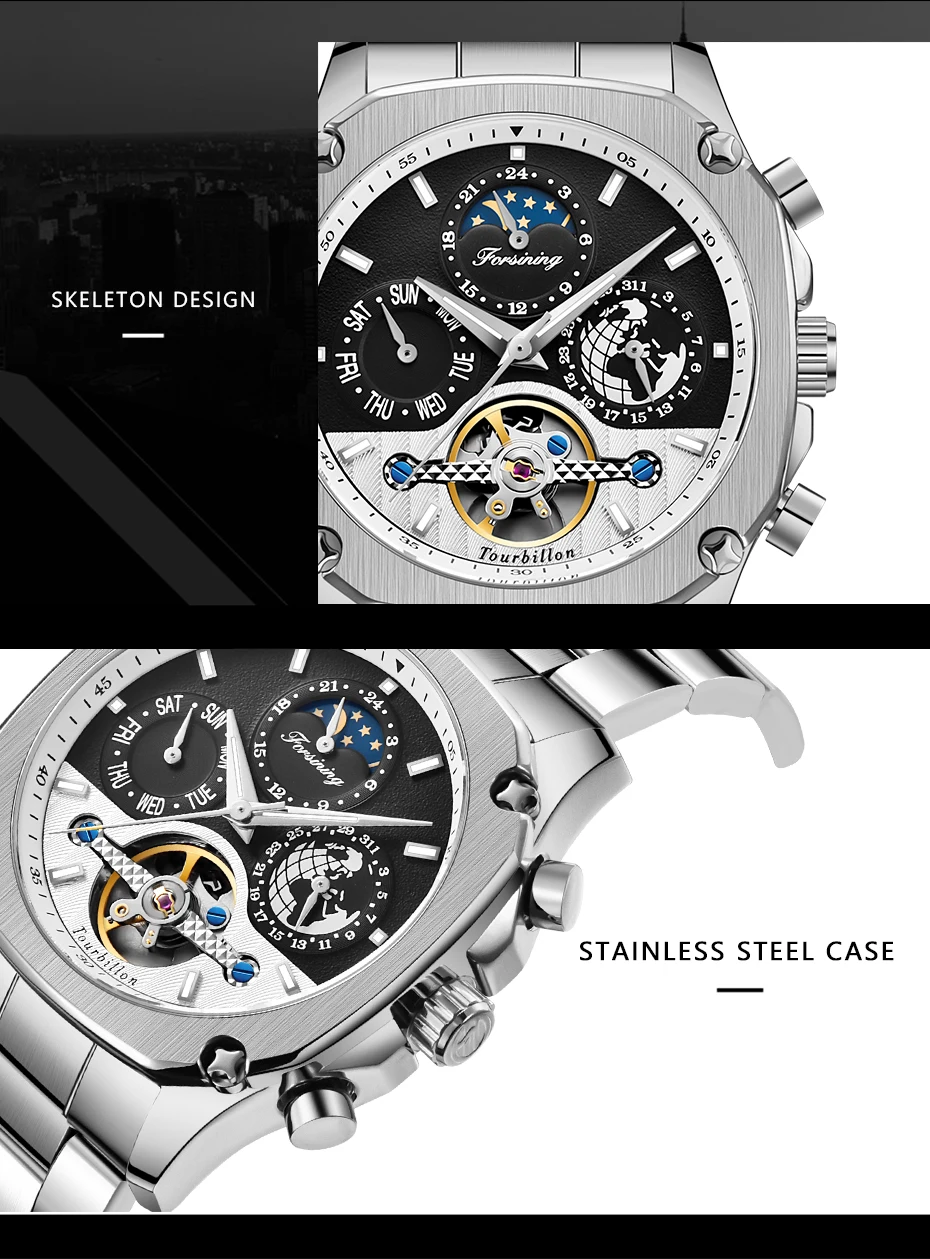 FORINING мужские часы автоматические механические часы Moon phase Tourbillon часы для мужчин s Скелет Мужские часы Relogio Masculino подарки