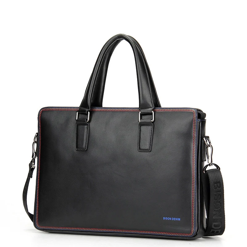 BISON DENIM Luxury famous brand handbag shoulder bags business men briefcase laptop bolsos men's travel bags genuine leather bag