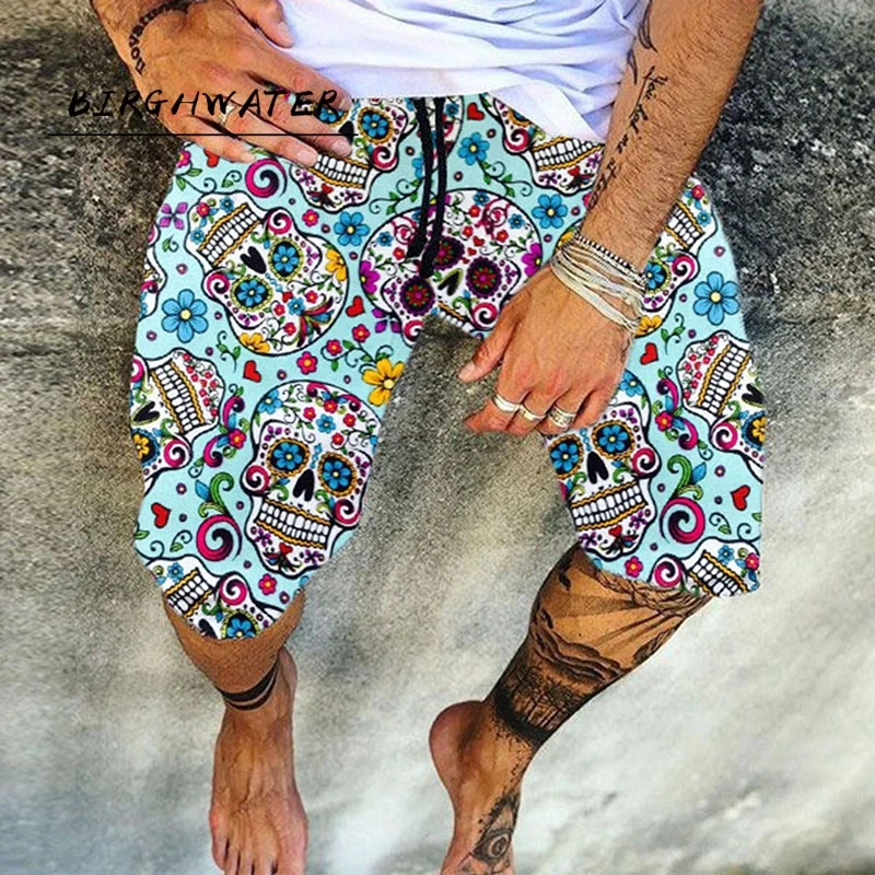 

Шорты мужские хлопково-льняные с принтом черепа, винтажные Свободные повседневные пляжные короткие штаны на шнуровке для мужчин, модная ул...