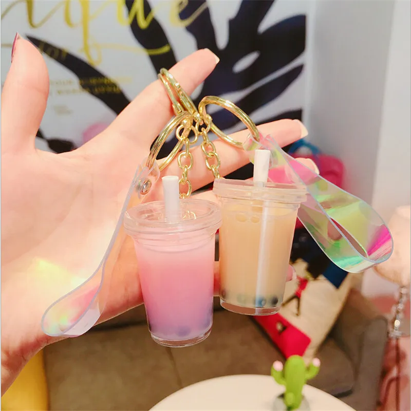 Creative Mini Soft Drink Keychain Milk Tea Beverage Bubble Keyring Moving Liquid Oil Drop Decompression Keyfob Jewelry Gift | Украшения и