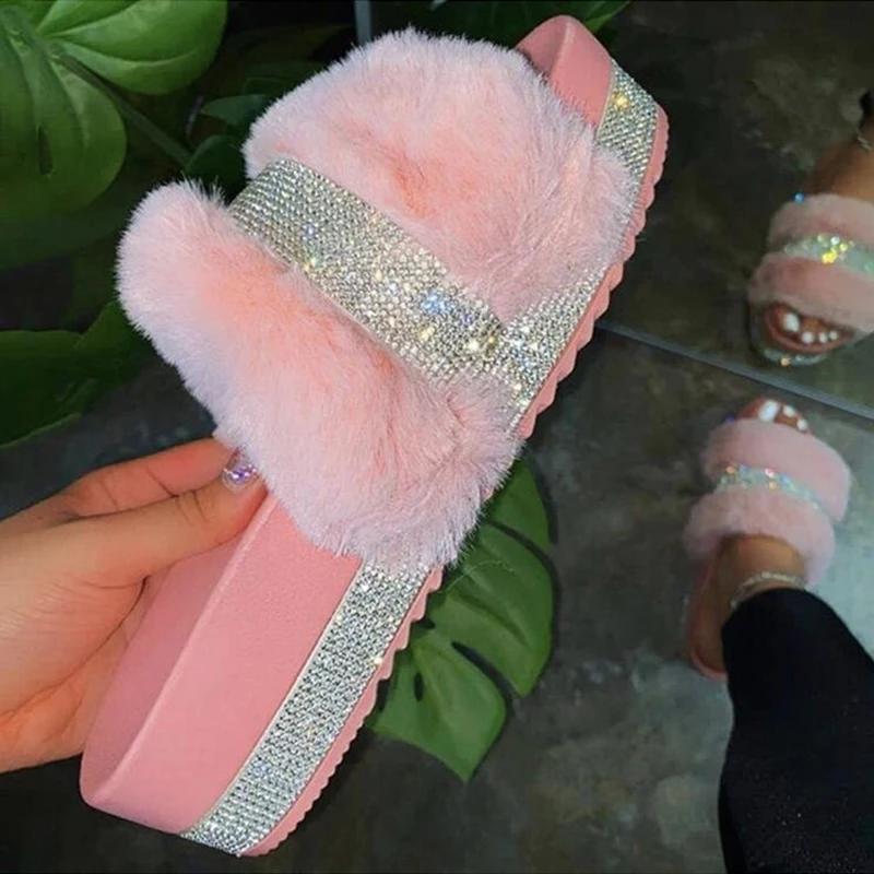 

2020 шикарные женские плюшевые тапочки, меховые сланцы, уличные женские сандалии на плоской платформе, пушистая повседневная обувь, пушистые ...