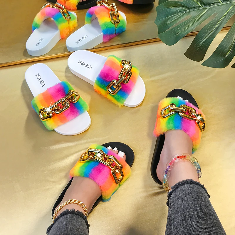 

Women Slippers 2021 Summer Shoes for Women Chain Sandals Platform Fur Women flip flop Ladies Slides Beach Shoes