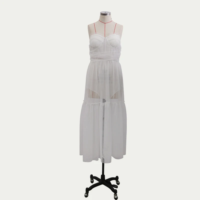 Белое вечернее платье с оборками Сетчатое сексуальное без бретелек женское