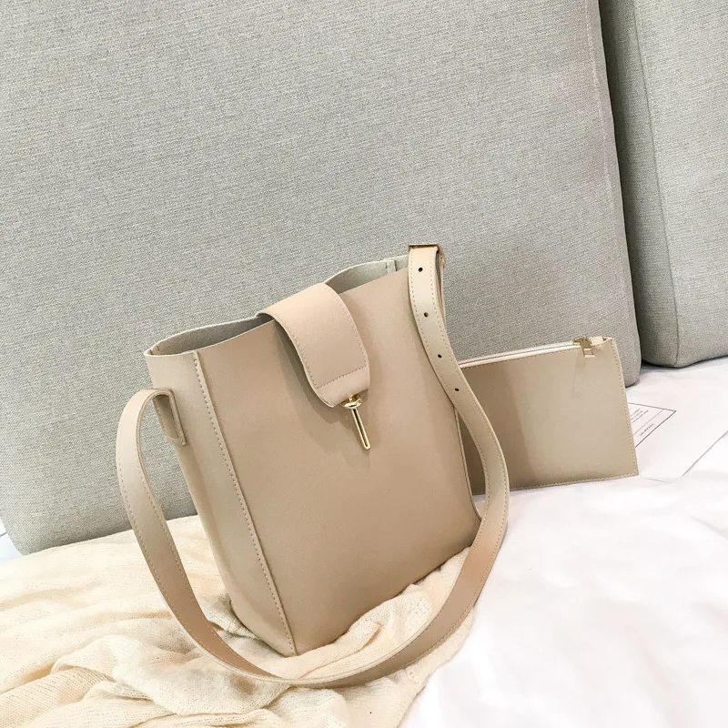 

New Design Solid Pure Color Shoulder Bags Open Bag PU Leather Metal Hasp Two In One Handbag For Women