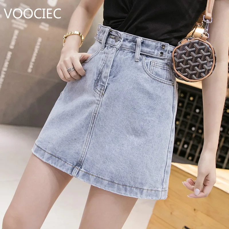 

VOOCIEC Blue Pockets Casual Mini Denim Skirt 2020 Spring Summer New Bodycon Women Skirt Basic Women Jeans Skirt High Waist Saias