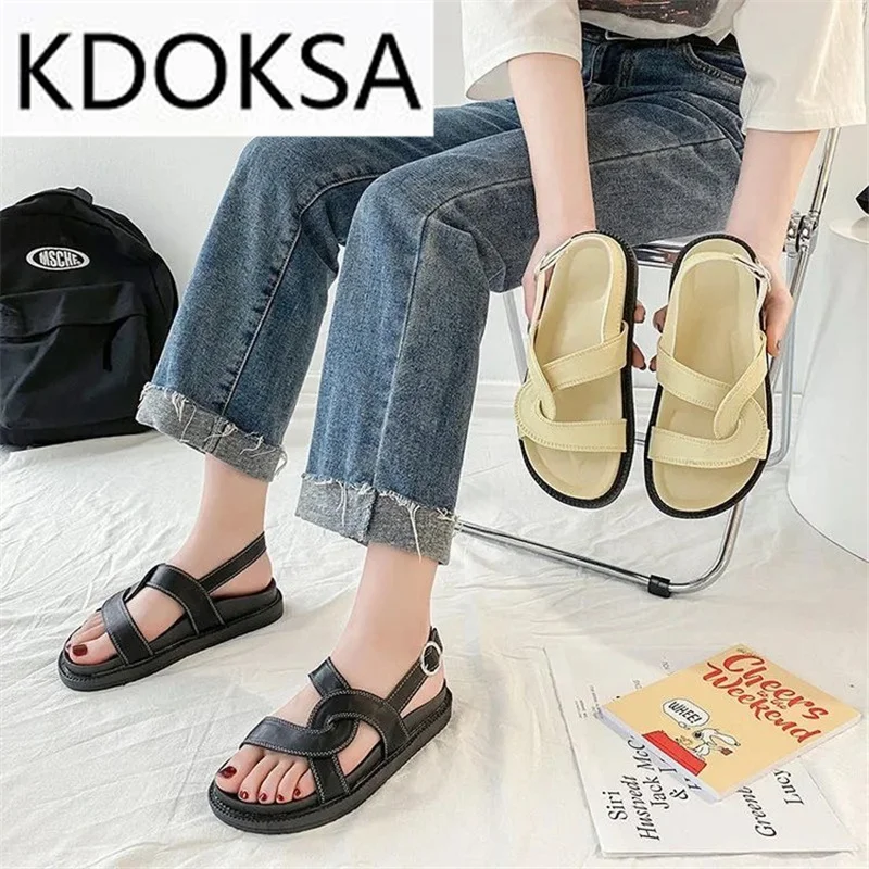 

Sandals Women's 2021 Summer New Flat-bottomed Fashion Sandals Net Celebrity Students With A Word Buckle Open Toe Beach Sandals