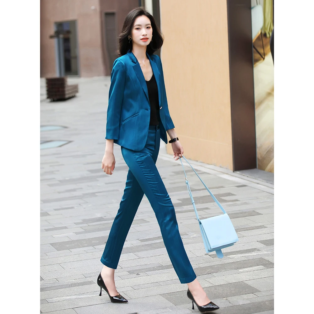 

New Autumn Polyester 100% Pant Suits For Women 2 Piece Set Formal Blazer Striped Jacket Trousers Office Lady Plus Size S-4XL
