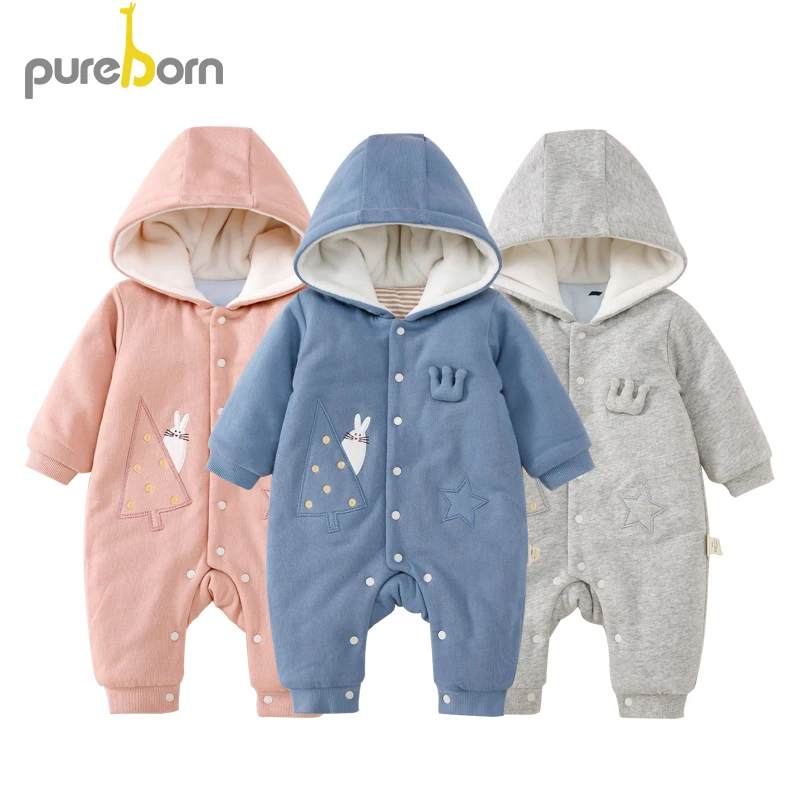 Pureborn/комбинезон для новорожденных; толстый зимний комбинезон с капюшоном для маленьких мальчиков и девочек; милая детская одежда с героями мультфильмов; Рождественский подарок; Новинка года