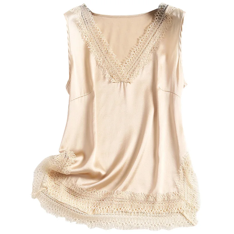 

Tank Top Women 100% Silk Fabric Patchwork Lace Solid V Neck Sleeveless 5 Colors Shape Body Basic Clothing Sexy Style