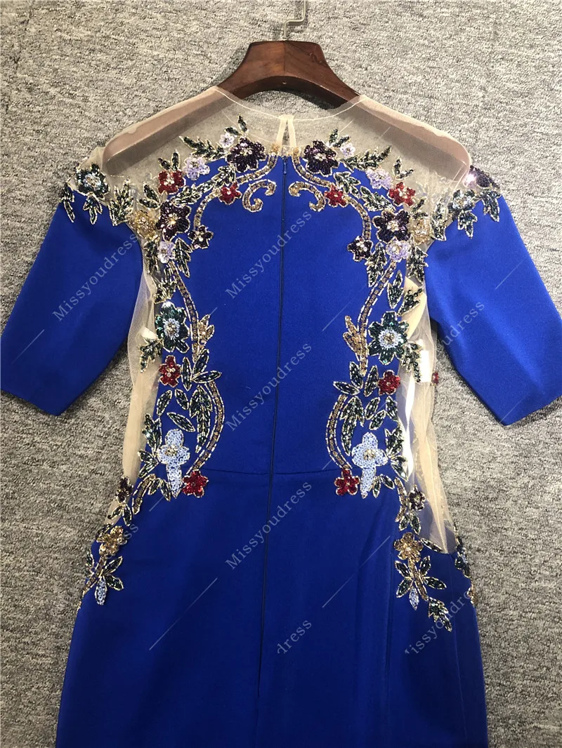 Marchesa Royalblue CustomMade Real Photos Heavy Beads Half Sleeves Mermaid Floor Length Party Prom Dance Women Evening Dresses