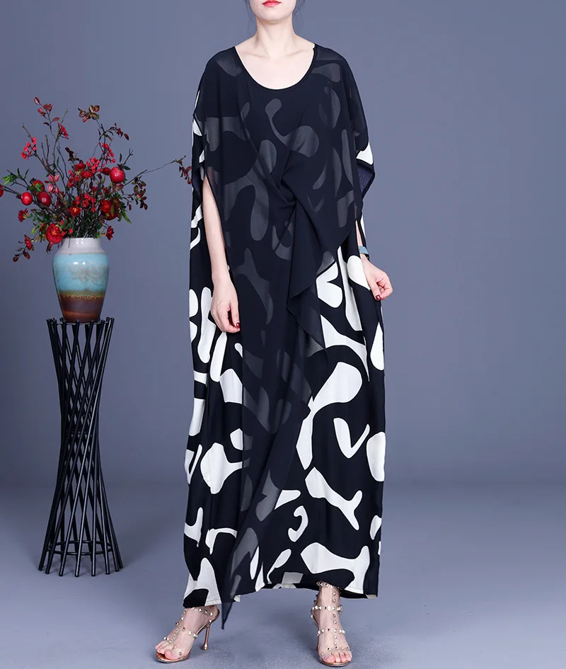 

SuperAen 2021 Summer New Original Patchwork Print Plus Size Fashion A-LINE Batwing Sleeve Casual Dresses for Women