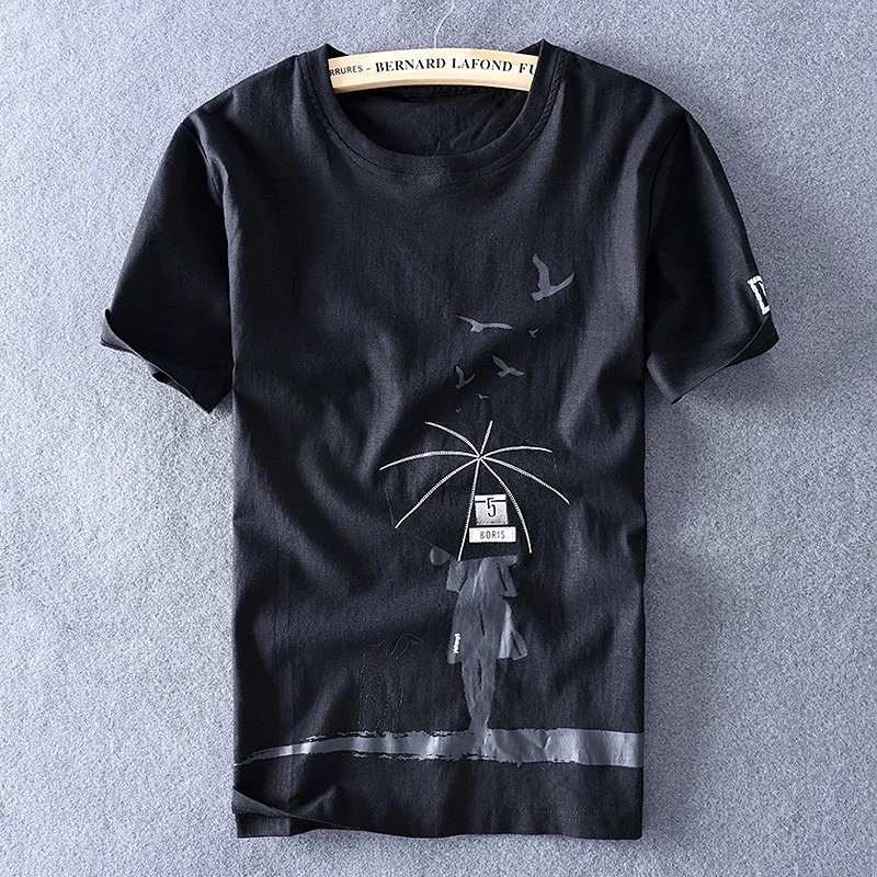 Футболка мужская из хлопка и льна брендовая Повседневная тенниска с принтом