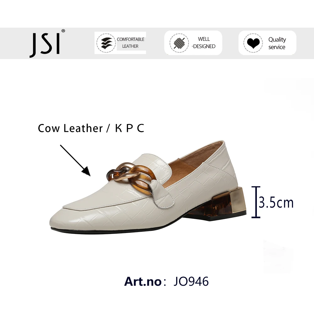 

JSI Women Heels Pumps Shoes Mature Style Genuine Leather Metal Decoration Square Heel Dress Spring Autumn Loafer Shoes JO946
