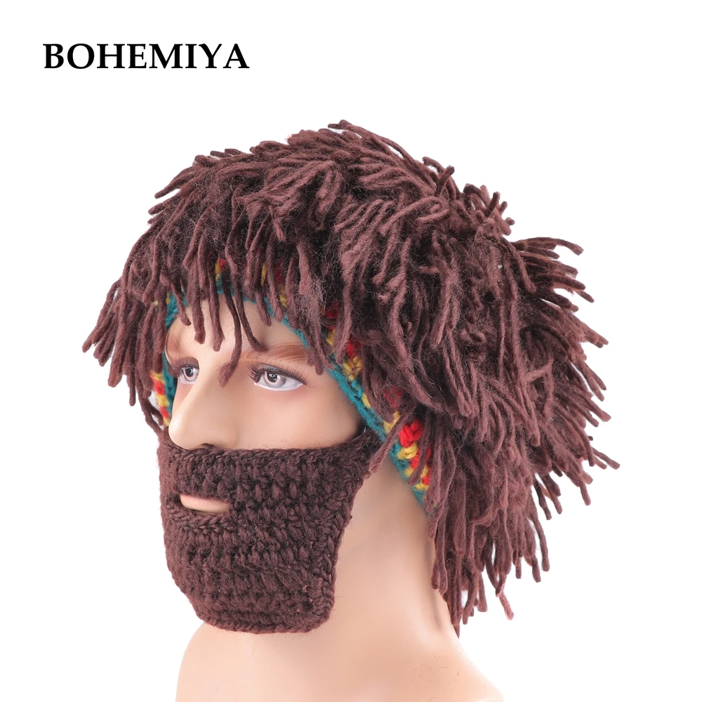 Вязаный парик ручной работы шапка с бородой мужские теплые зимние шапки