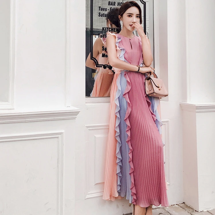 Runway Women Long Ruffles Party Dresses Elegant Hit Color Patchwork Pleated Summer Dress Sleeveless Maxi Vestidos | Женская одежда