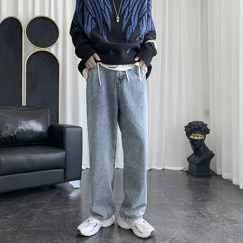 

Korean Wide-leg Jeans Men's Fashion Casual Retro Blue Jeans Men Streetwear Loose Hip-hop Straight Denim Trousers Mens S-3XL