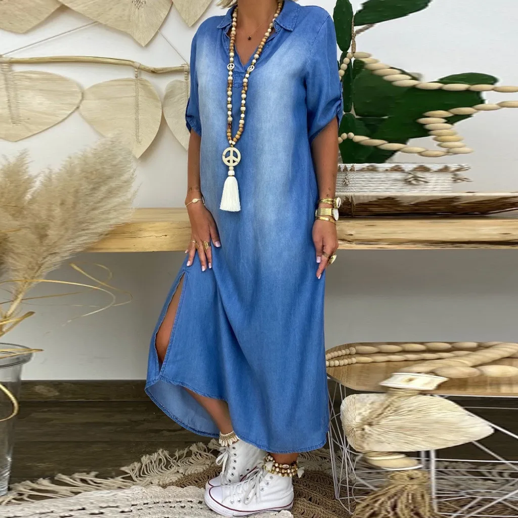 

Women Summer Denim Dresslmitation Cowboy Short Sleeve Long Dress Fashion V-neck Ankle Length Dress Robe Longue Femme 2021 #672