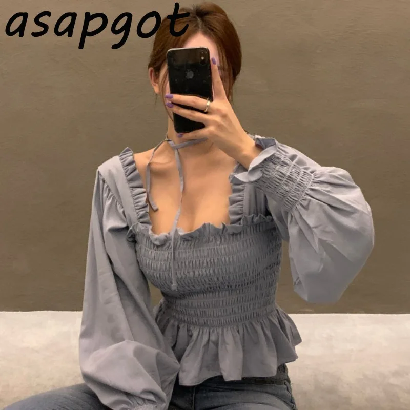 Женская блузка с длинным рукавом Asapgot однотонная квадратным вырезом и оборками