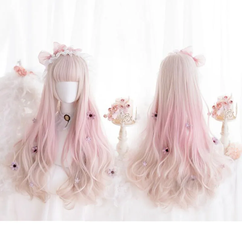 Милый Харадзюку Лолита парик милый кудрявый розовый градиент волнистые