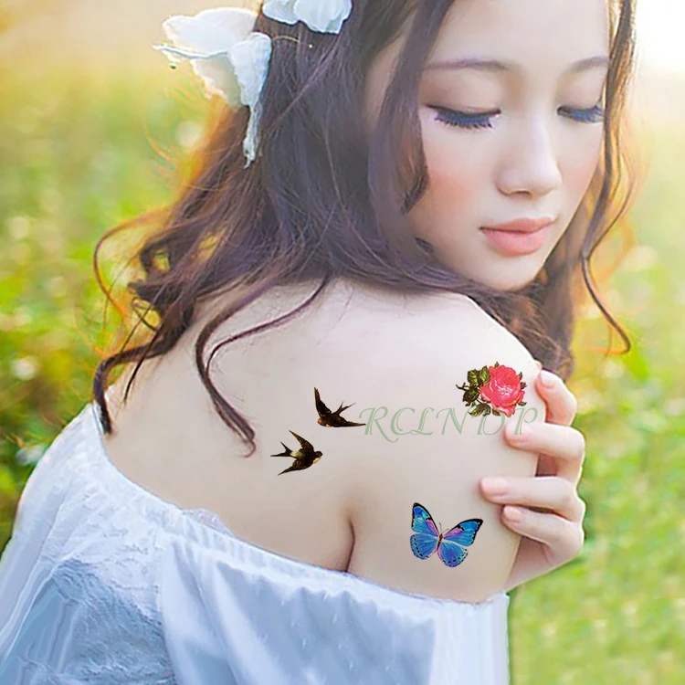 Waterproof Temporary Tattoo Sticker Beautiful Flower Rose Butterfly Bird Fake Tatto Flash Tatoo Wrist Foot Hand for Girl Women | Красота и