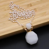 2021 hot selling natural semi precious stone perfume bottle white jade geometric pendant free two eye pearl chain accessories