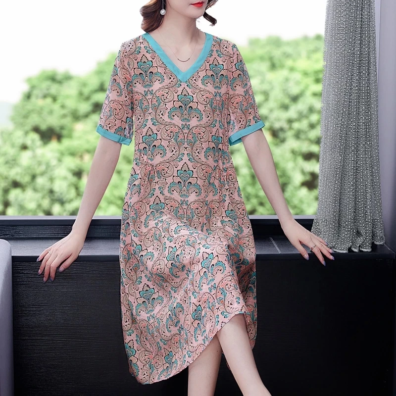 

2021 Vintage Elegant Print Mulberry Silk Beach Sundress Party Vestidos Summer Women Loose Casual M-4XL Plus Size Midi Dress
