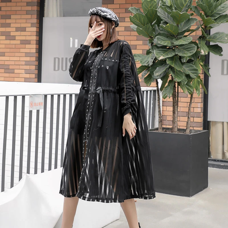 Тренчкот женский прозрачный на молнии Длинная ветровка с кружевом повседневный