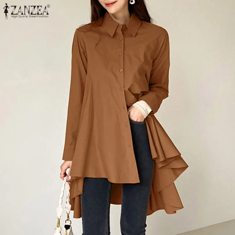 

Oversized Women Asymmetrical Blouse Shirts ZANZEA 2021 Spring Autumn Pleated Patchwork Long Sleeve A-line Blusa Casual Solid Top