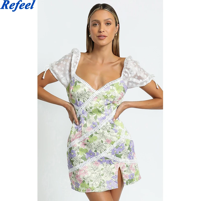 

Женское облегающее мини-платье с цветочным принтом, на шнуровке, с разрезом и глубоким v-образным вырезом