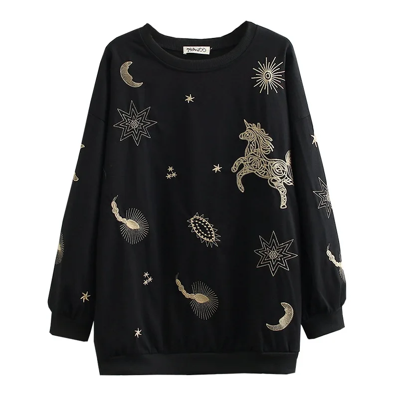 Свитшоты женские черные топы с вышивкой Женская Повседневная Толстовка длинным